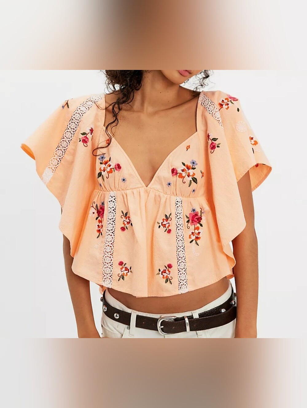 Free People 100% Cotton Babydoll Style Top. Embroidered Blouse